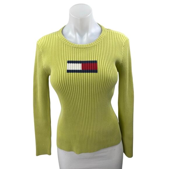 Tommy Hilfiger Womens Green Ribbed Knit Logo Long Sleeve Slim Sweater Top Size S - Picture 1 of 3